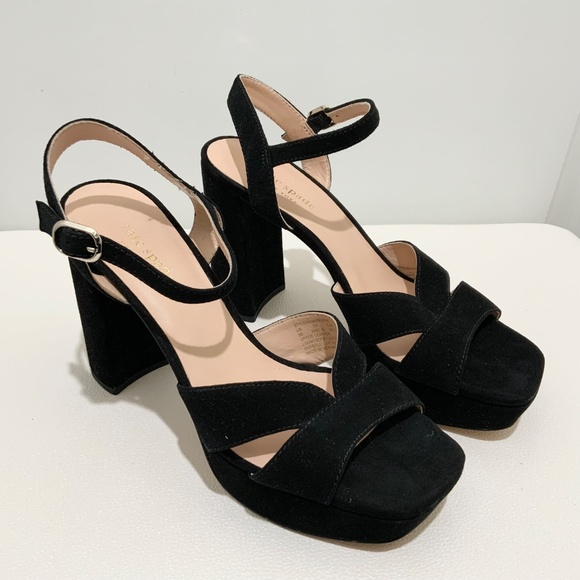 Kate Spade Delight Platform Heel Sandal Black Suede Block Heel Ankle Strap Pumps - Picture 7 of 16